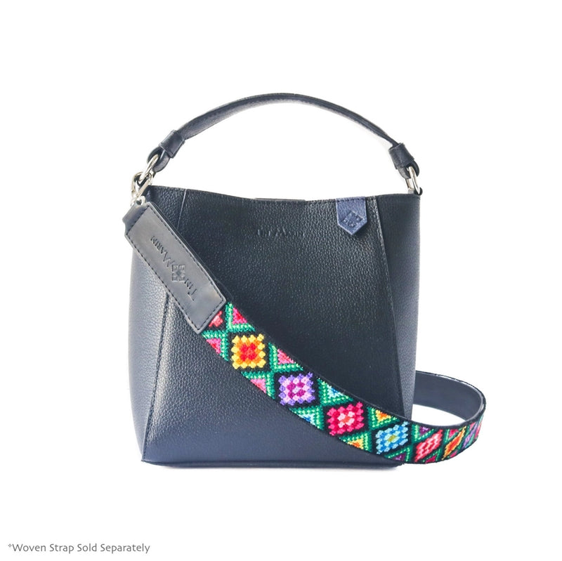 Tin Marin Yaya Leather Bucket Bag with Mai Woven Bag Strap Navy Bag with Blue Pink Strap