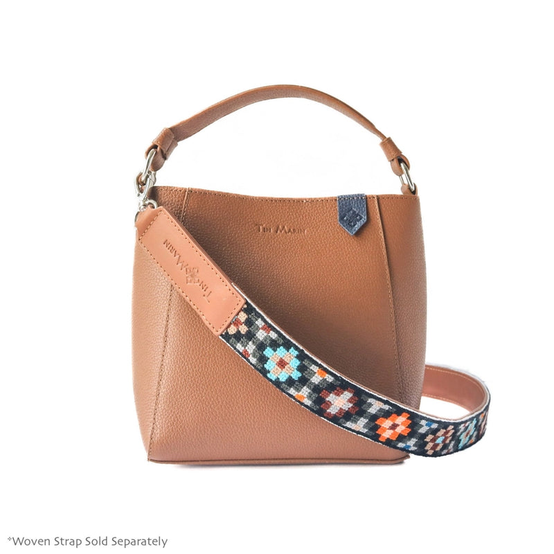Tin Marin Yaya Leather Bucket Bag with Mai Woven Bag Strap Navy Bag with Blue Pink Strap