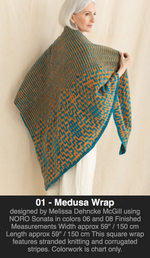 Woman wearing Medusa wrap knitted shawl