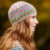 Woman wearing colourful knitted hat